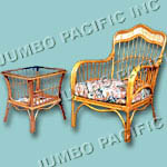 Rattan cushion single chair with small table.